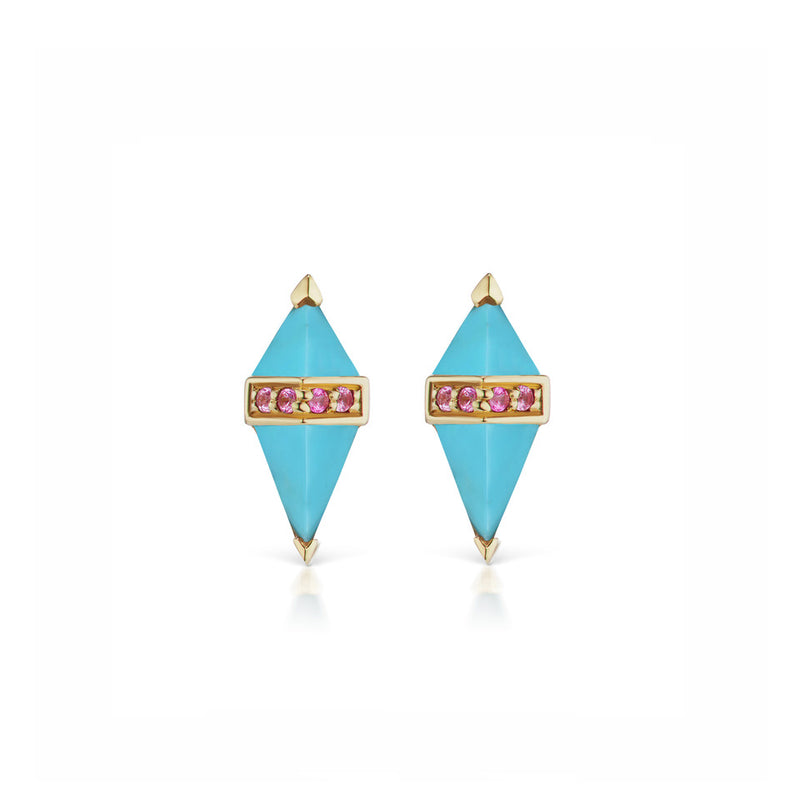 18k yellow gold pietra studs by Sorellina turquoise and pink sapphire stud earrings