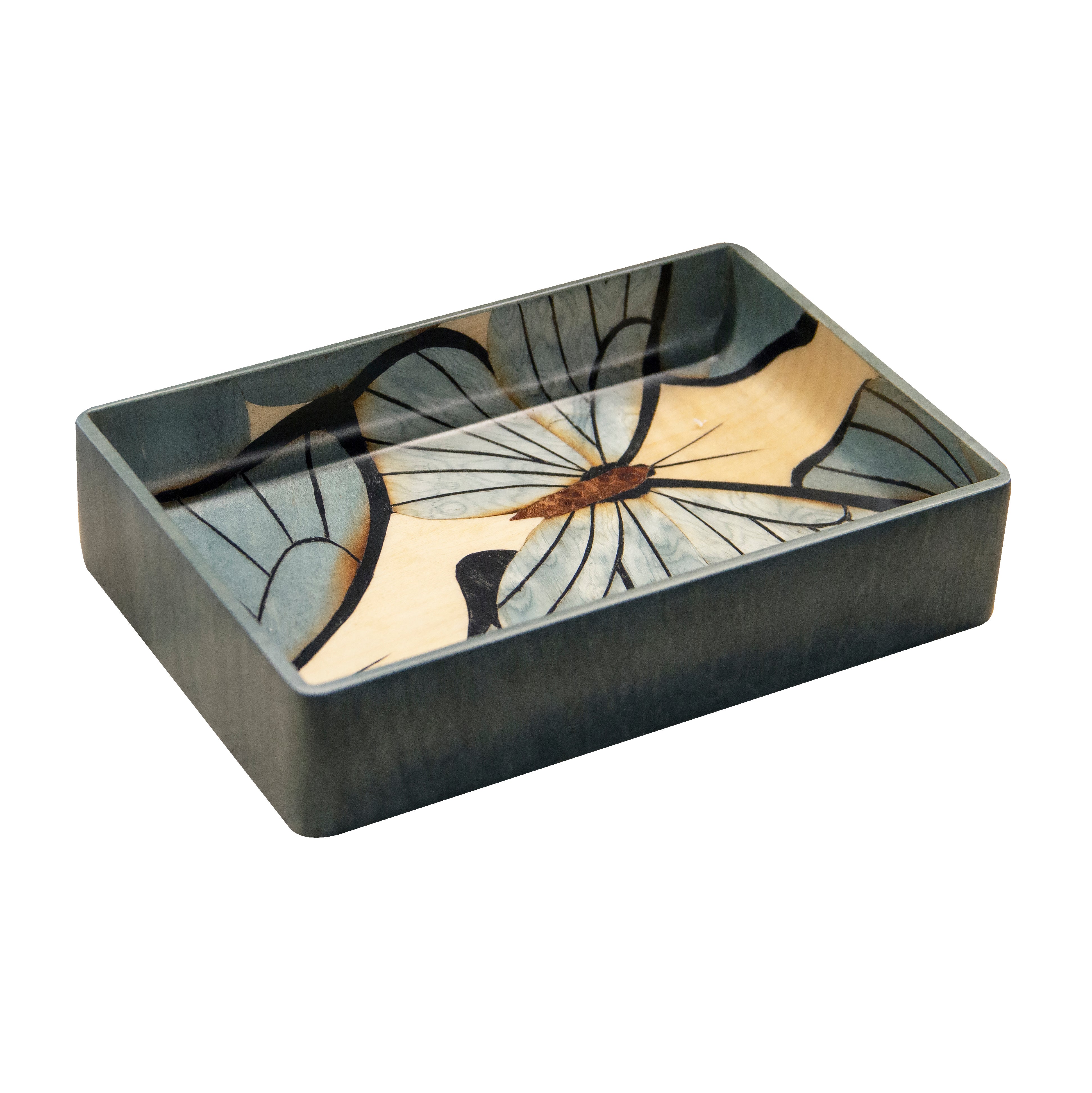 Silvia Furmanovich Home Collection Marquetry Wood Blue Butterly Small Vide Poche wood Tray Tiny Gods