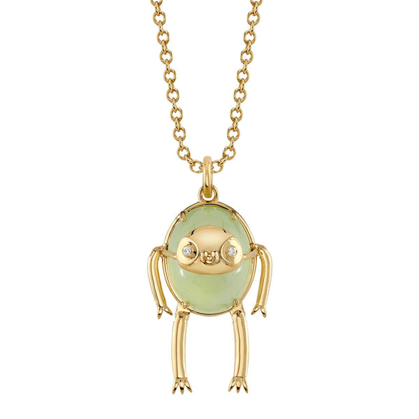 18k yellow gold prehnite baby sloth necklace on chain with diamonds and arms and legs that move by Daniela Villegas Tiny Gods