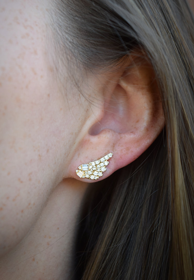 Graziela 18K yellow gold Asa Diamond Double Marquesa Earrings Tiny Gods Wing Studs on model