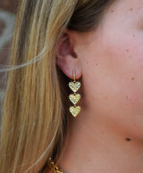 14k yellow gold agape multi hoop earrings with three heart charms with spikes and white diamonds by Marlo Laz Tiny Gods