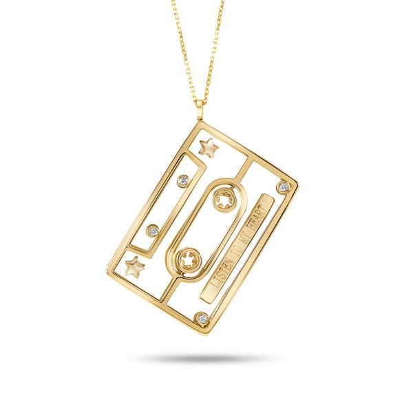 Rock crystal face and bezel set diamonds set in 18k yellow gold cassette necklace pendant 18" chain Play All Night Necklace by Aisha Baker Tiny Gods