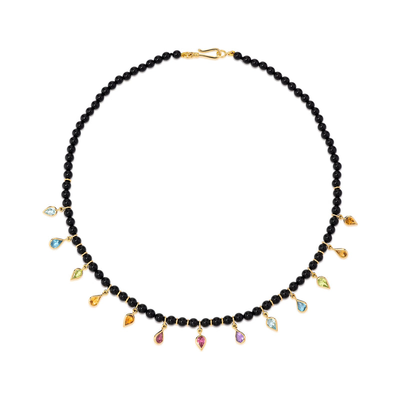 Uirapuru Rainbow Necklace by Sauer onyx beads with rainbow sapphire pear shaped drops choker Tiny Gods