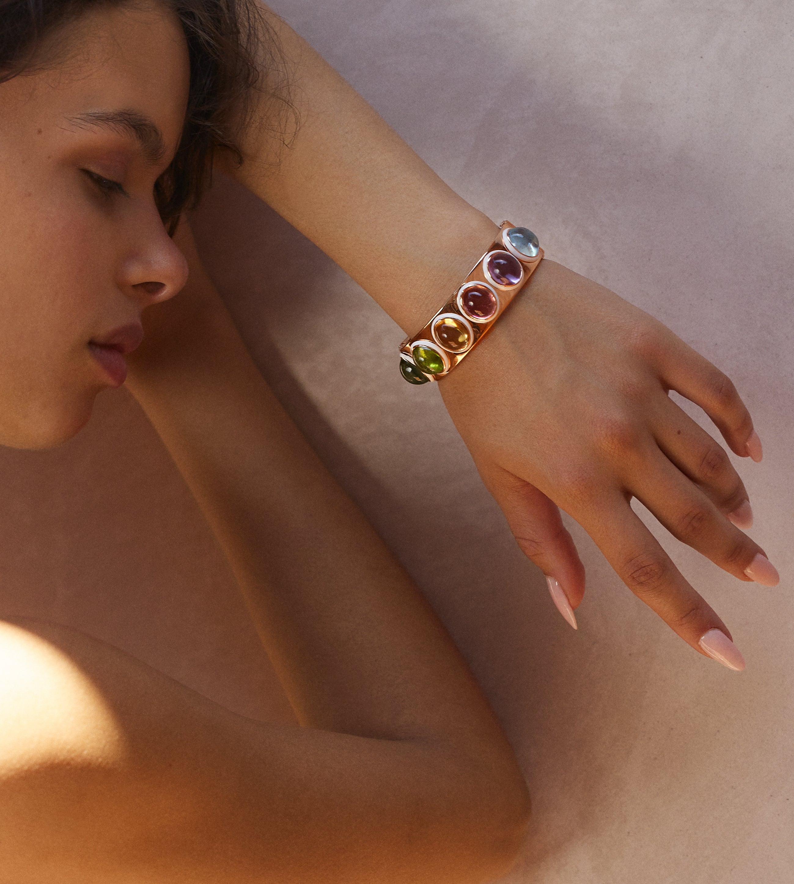 18K rose gold Colorstory II Cuff Bracelet with multicolor rainbow cabochon gemstones with white enamel by Emily P Wheeler