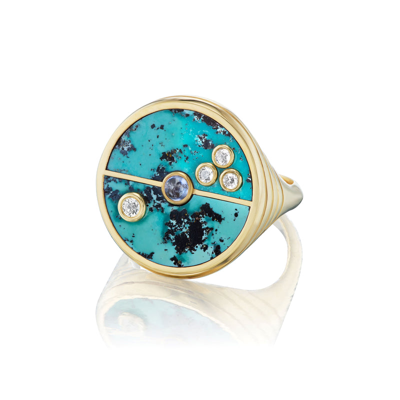 14k yellow gold turquoise compass signet ring with tanzanite and diamonds by Retrouvai Tiny Gods