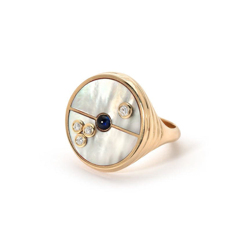 14k yellow gold mother of pearl inlay compass signet ring with diamonds and blue sapphire by Retrouvai Tiny Gods