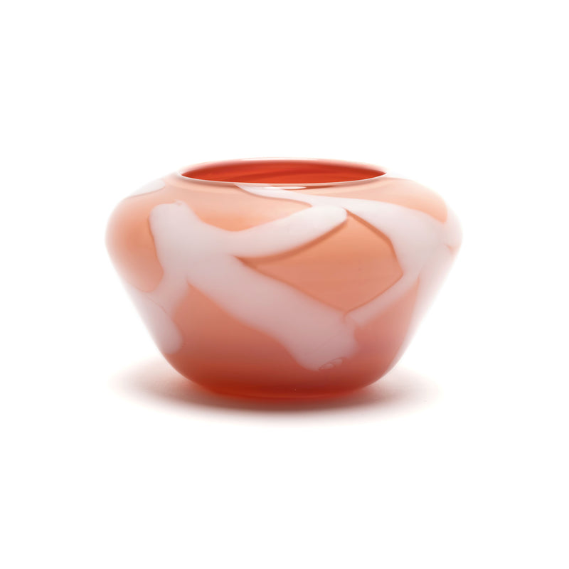 coral low vase with white strokes hand blown by Paul Arnhold Tiny Gods