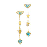 20k yellow gold sky blue evil eye earrings with stars and aquamarine trillions by Buddha Mama Tiny Gods