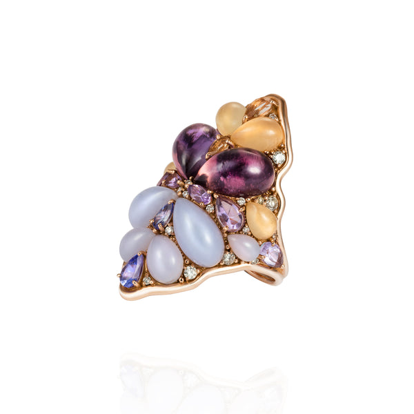18k rose gold blossom ring with diamonds, tanzanite, imperial topaz, chalcedony, amethyst and orange calcite by Fernando Jorge Tiny Giods
