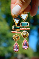 Harwell Godfrey 18K yellow gold opal tourmaline coral morganite one of a kind Gemstone Drop Huggies earrings at Tiny Gods