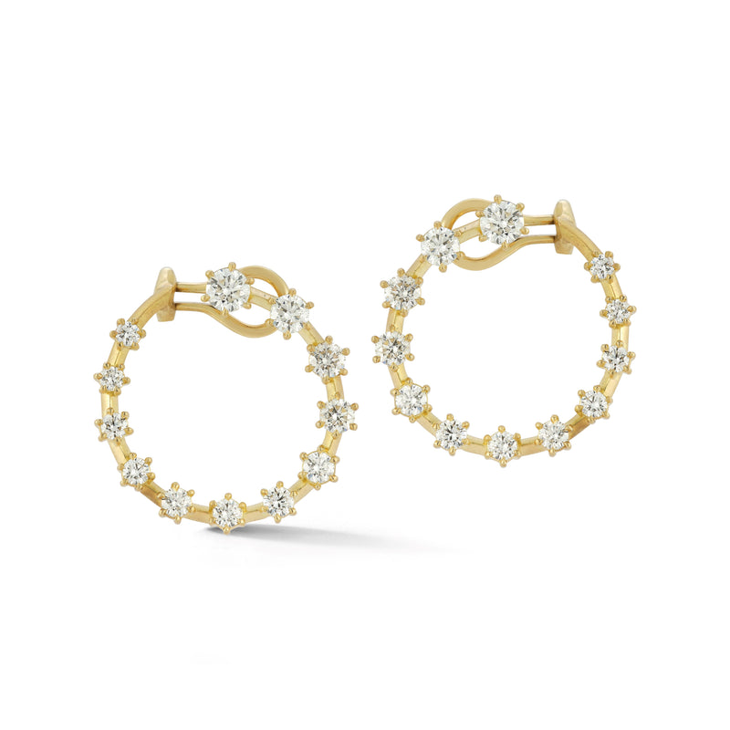 18k satin yellow gold graduated crescent front facing hoops with lever back by Jade Trau Tiny Gods