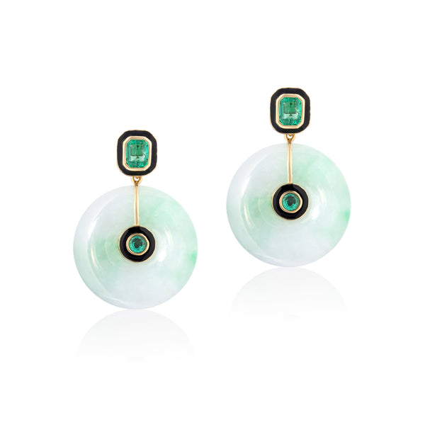 18K yellow gold Jade Emerald & black Enamel Earrings drop disc earrings