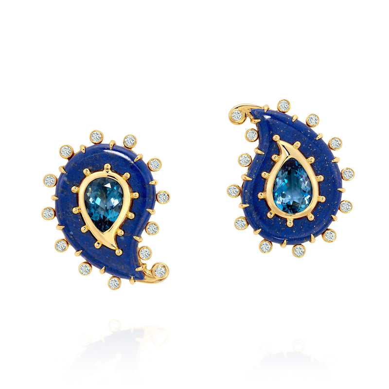 18k yellow gold lapis paisley earrings with blue pear shaped topaz with diamonds by Sauer Tiny Gods