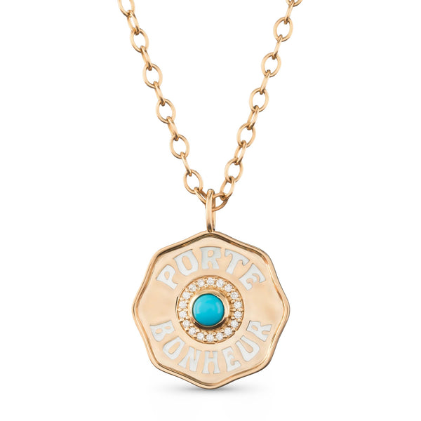 18k yellow gold large Porte Bonheur charm with white enamel and cabochon turquoise with diamond halo by Marlo Laz Tiny Gods