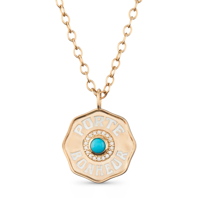 18k yellow gold large Porte Bonheur charm with white enamel and cabochon turquoise with diamond halo by Marlo Laz Tiny Gods