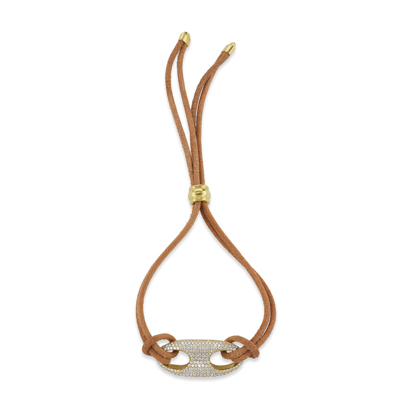 Nautical 18k yellow gold small mariner pave diamond link bracelet with adjustable leather chord by Jenna Blake Tiny Gods