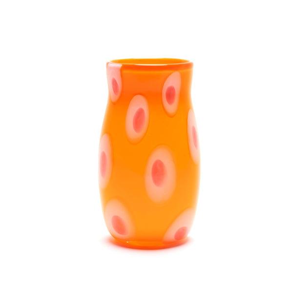 tangerine vase with white and coral spots hand blown by Paul Arnhold Tiny Gods