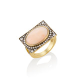 18k yellow gold oval vintage japanese coral ring with unmined diamonds and black rhodium detail by Sylva & Cie.