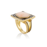 18k yellow gold oval vintage japanese coral ring with unmined diamonds and black rhodium detail by Sylva & Cie.