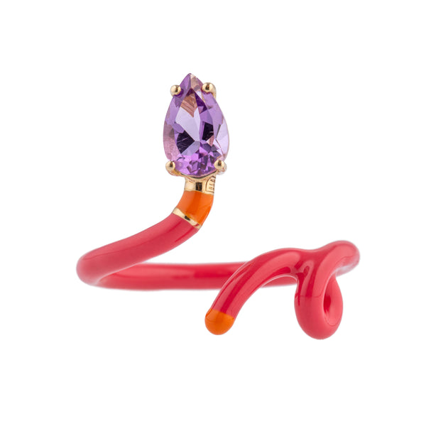 9k yellow gold baby vine head to toe ring with orange and pink enamel with drop cut amethyst by Bea Bongiasca Tiny Gods