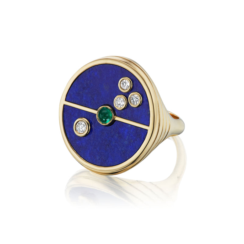 Compass Signet Ring- Lapis & Emerald 14 k yellow gold diamond Retrouvai pinky ring Tiny Gods