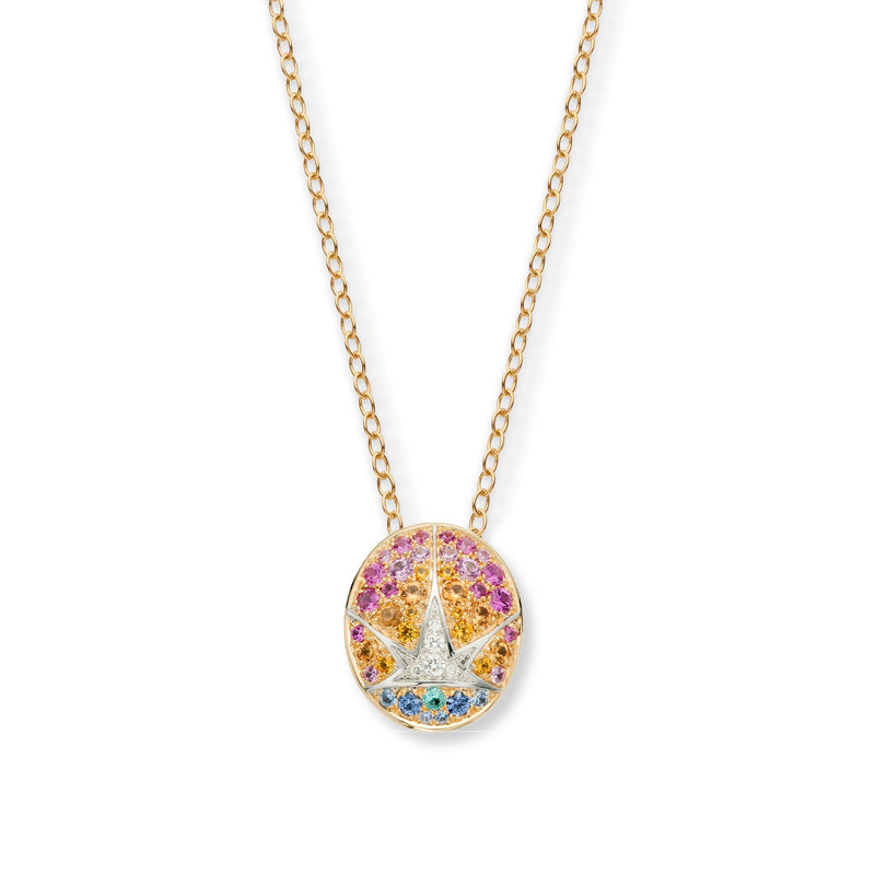 18k yellow gold rising star medallion pendant necklace with diamonds, sapphires and tourmalines on a gold chain by Nouvel Heritage Tiny Gods