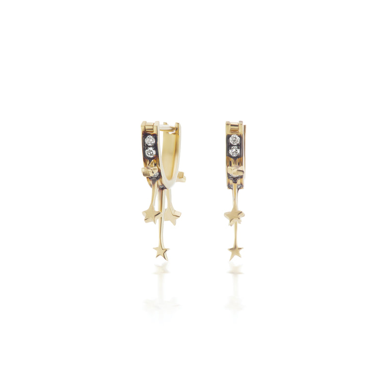 18k yellow gold le stelle huggie earrings with diamonds and black rhodium by Sorellina Tiny Gods on model spike star earrings