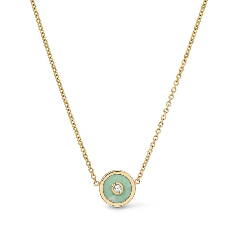Green turquoise mini compass neckalce with diamond in 18k yellow gold by Retrouvai