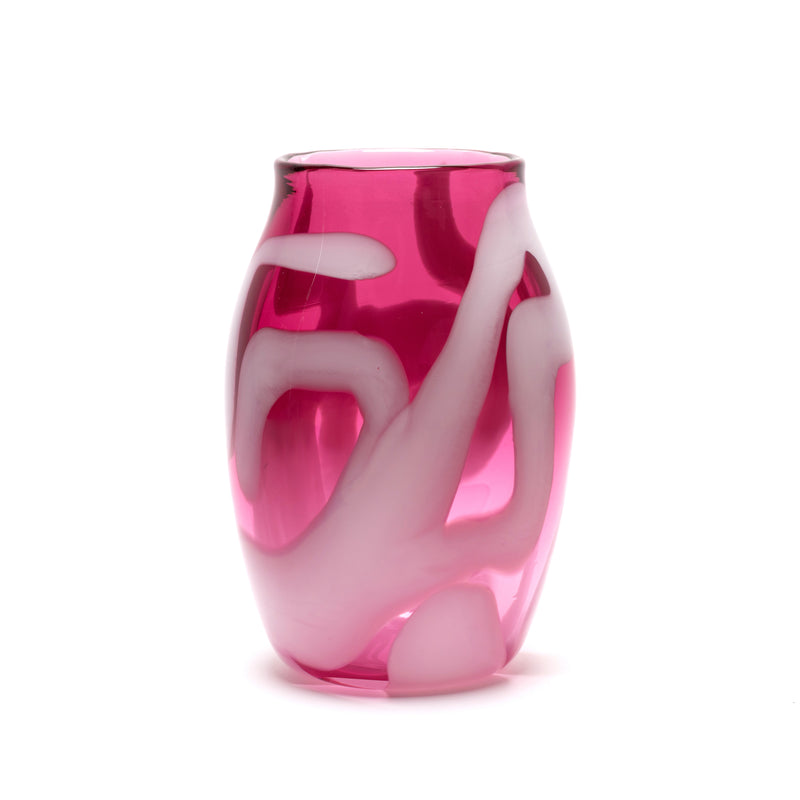 transparent raspberry vase with white stripes hand blown glass by Paul Arnhold Tiny Gods