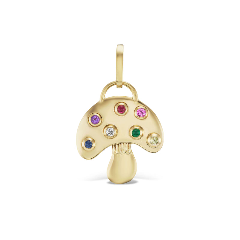 18K yellow gold mushroom pendant with diamond and rainbow gemstones emerald sapphire ruby amethyst