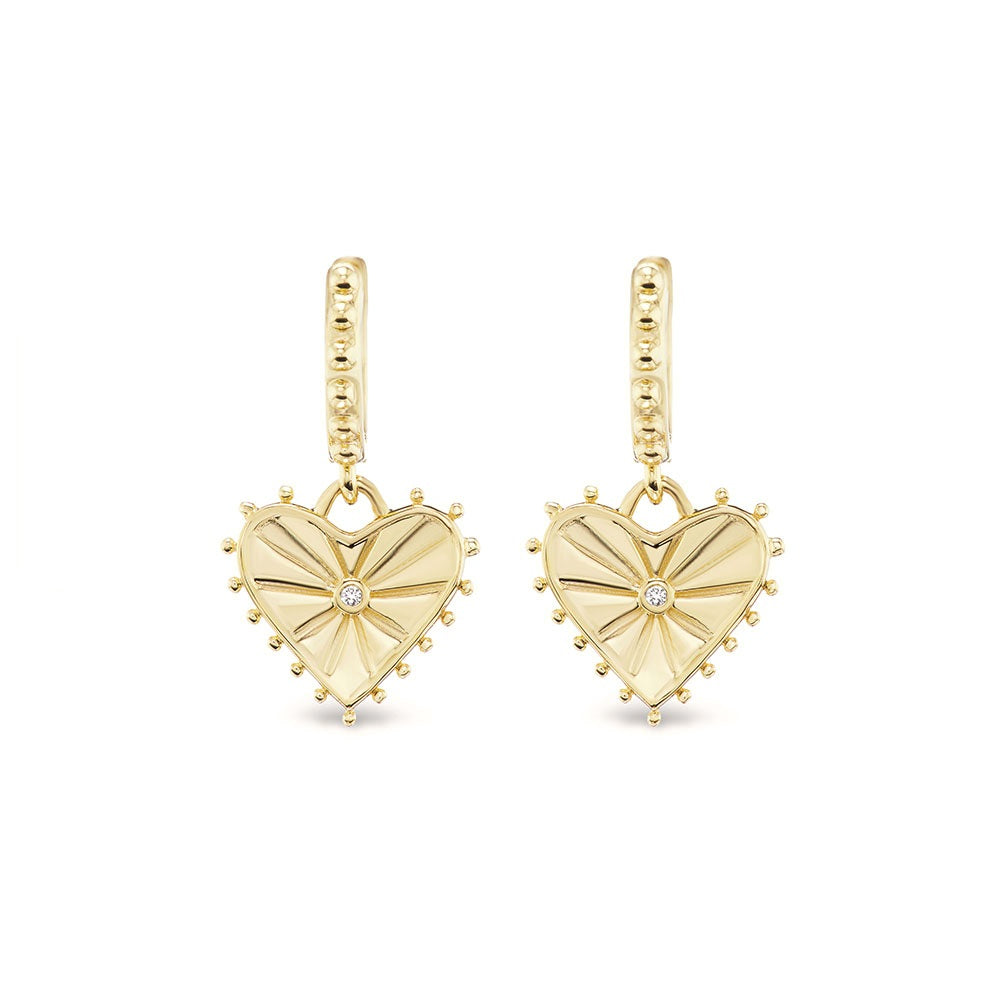 14k yellow gold diamond agape heart hoop dangle drop earring huggie by marlo Laz Tiny Gods 