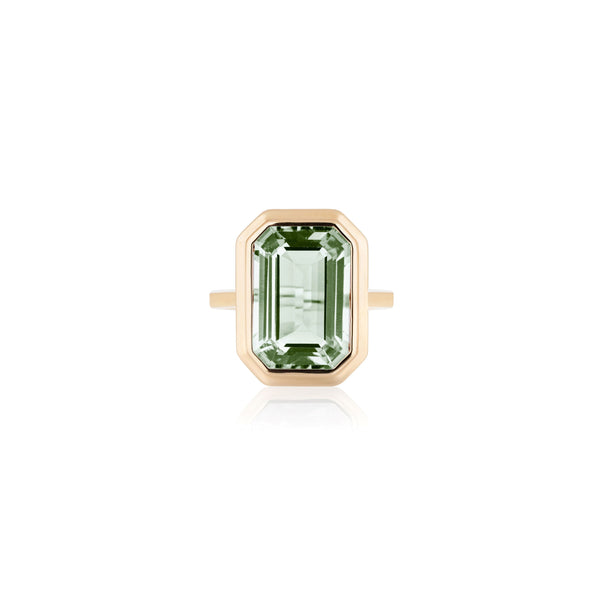 18k yellow gold Manhattan collection prasiolite emerald cut ring with gold bezel border by Goshwara Tiny Gods