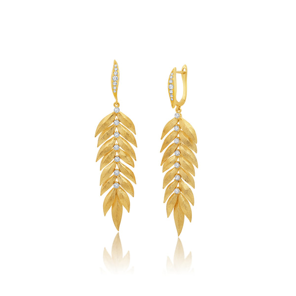 18k yellow gold Graziela earrings with gold leaves and 7 prong set diamonds down the center. 