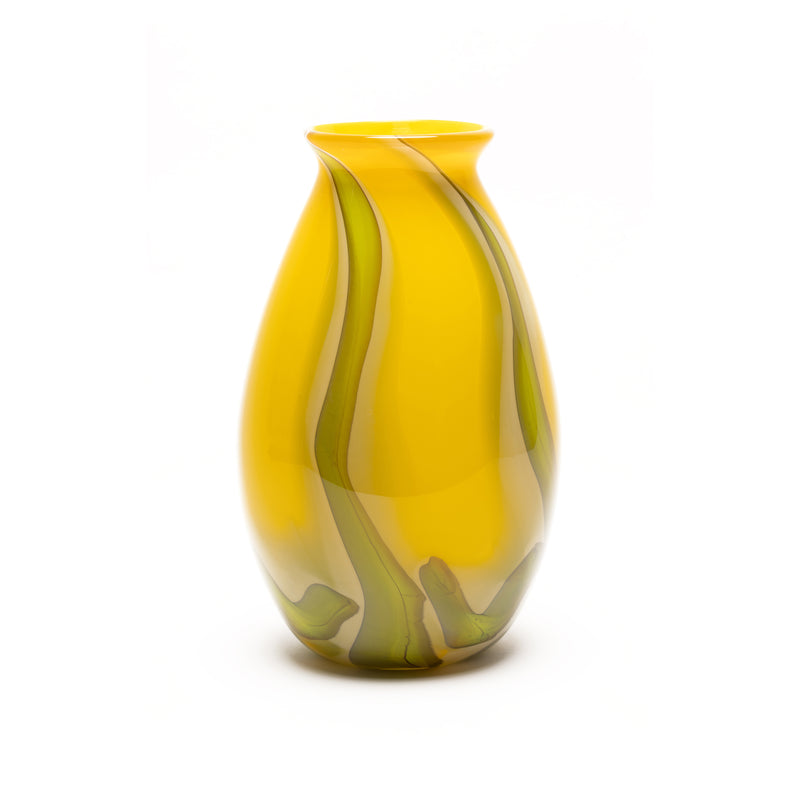 Yellow vase with pistachio and white strokes hand blown glass by Paul Arnhold Tiny Gods